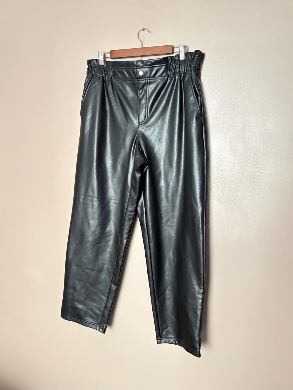 LOFT Outlet Faux Leather High Rise Straight Pants paperbag waist Black L NWT